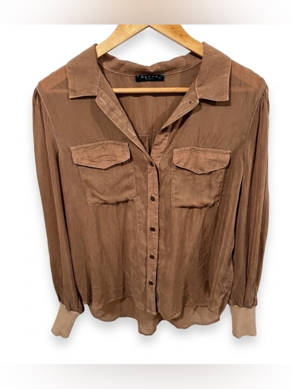 Maven West Women’s Brown Button-Down Tie-Front Rib Cuff Shirt 100% Cupro